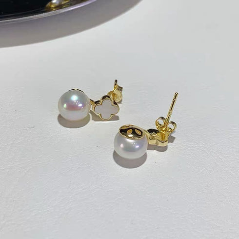 Floral Leaf Shell Pearl Earrings - Elegant Fresh Look in 18K Gold Vermeil
